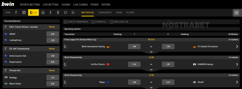 bwin league of legends betting