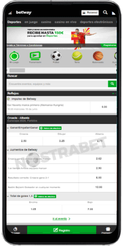 Pagina de inicio de la aplicacion android Betway