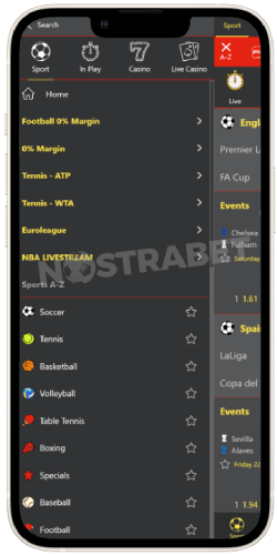 Winbet mobile menu for iOS